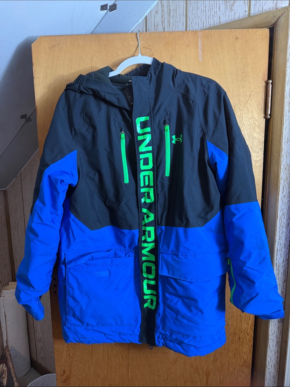 Under Armour Black, Royal Blue & Neon Green Hooded Kids Puffer Jacket